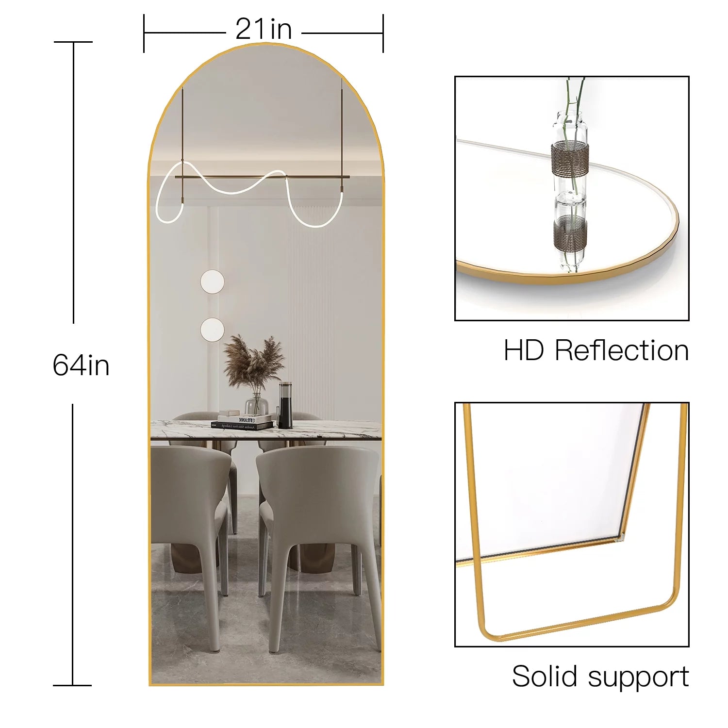 64''X21'' Full Length Mirror, Arched Floor Mirror, Full Body Mirror Standing, Gold Arched Wall Mounted Mirror Dressing Mirror